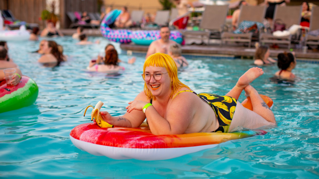 Relaxing in the pool with a peeled banana.