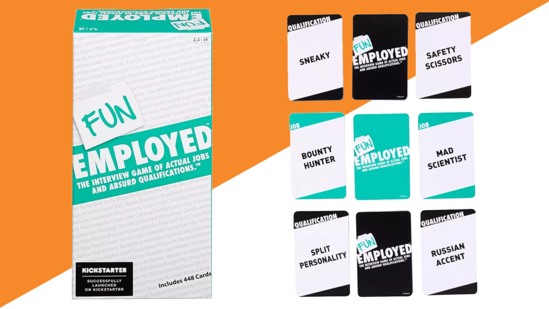 Funemployed Funemployed game tall box next to Job and Qualification cards.