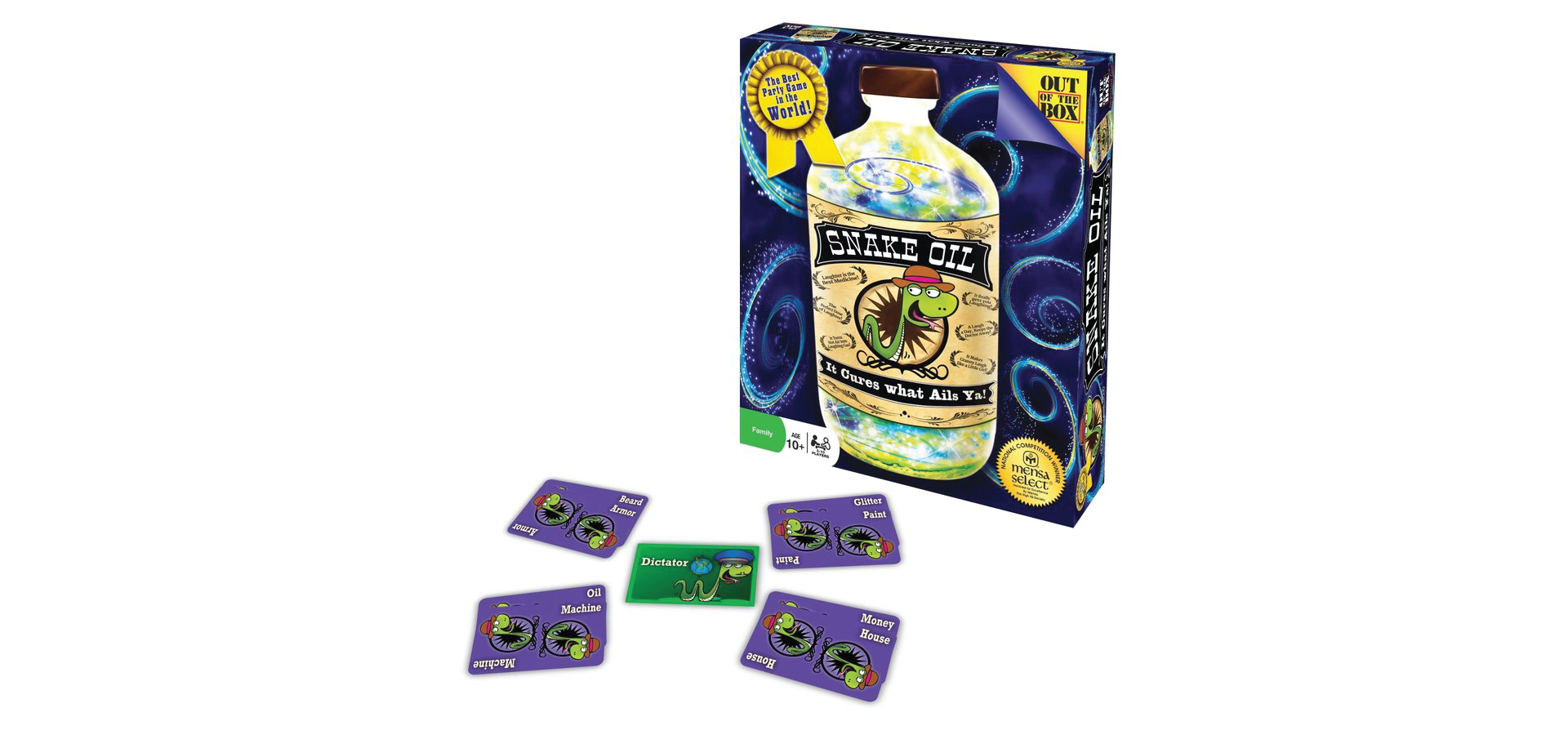 Snake Oil Game Display A display of the Snake Oil box as well as the customer and product cards