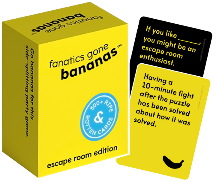 Fanatics Gone Bananas 3D Box With Cards An illustration of the Fanatics Gone Bananas box with example cards.