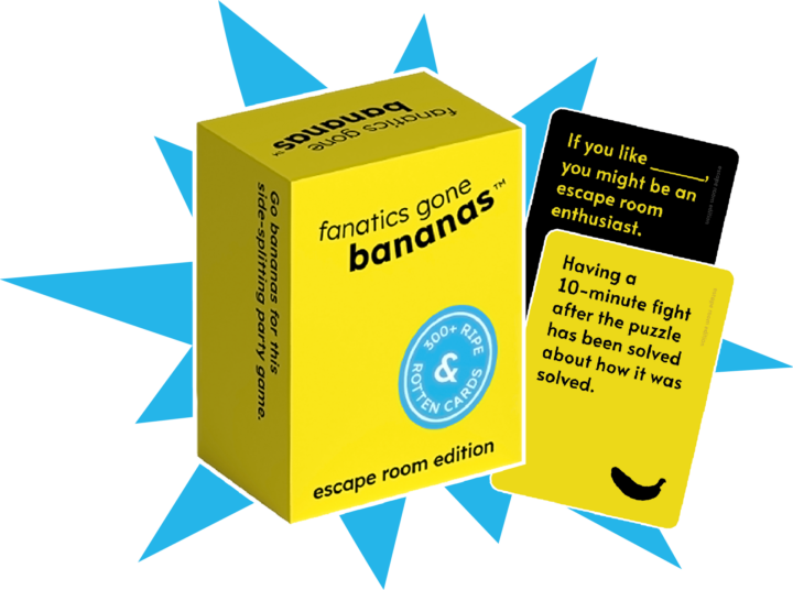 Fanatics Gone Bananas 3D Box With Cards On Starburst An illustration of the Fanatics Gone Bananas box with example cards on a starburst.