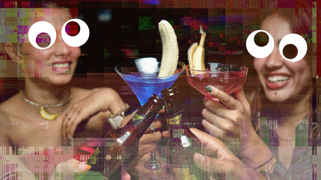 A photo of two girls toasting their colorful drinks, featuring banana garnishes. Hands with beer bottles cheers with them. The girls have googly eyes and the image has a glitchy effect.