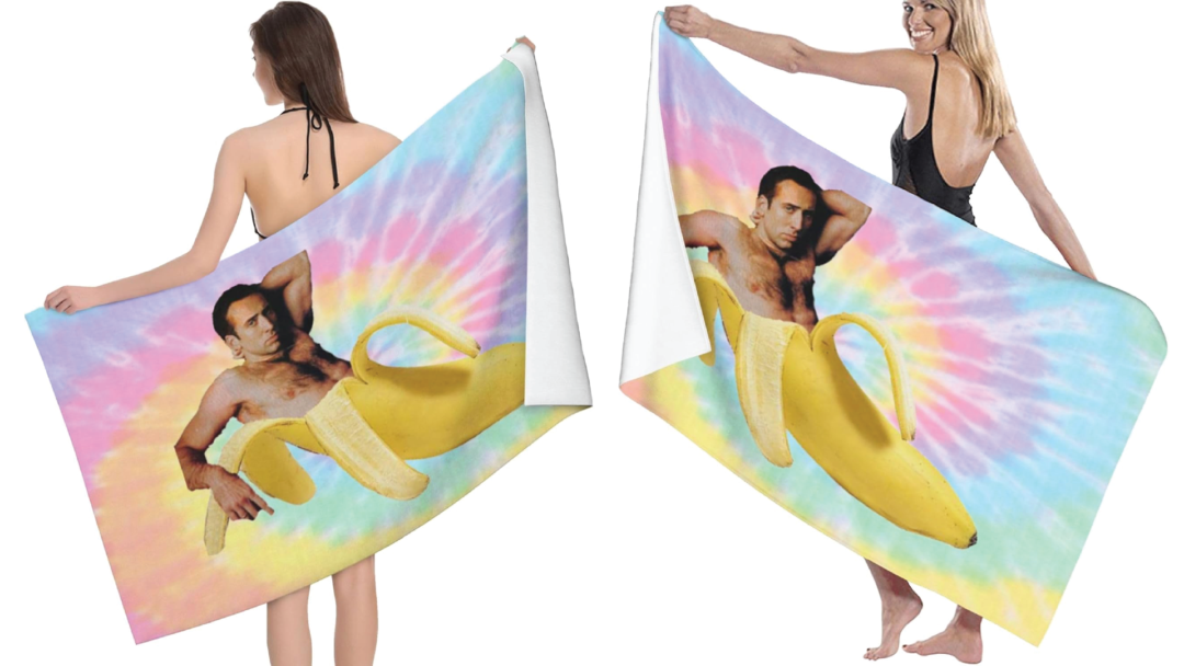A towel with a sensual banana image.