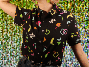 A Hawaiian shirt filled with totally ace shapes, against a static background.