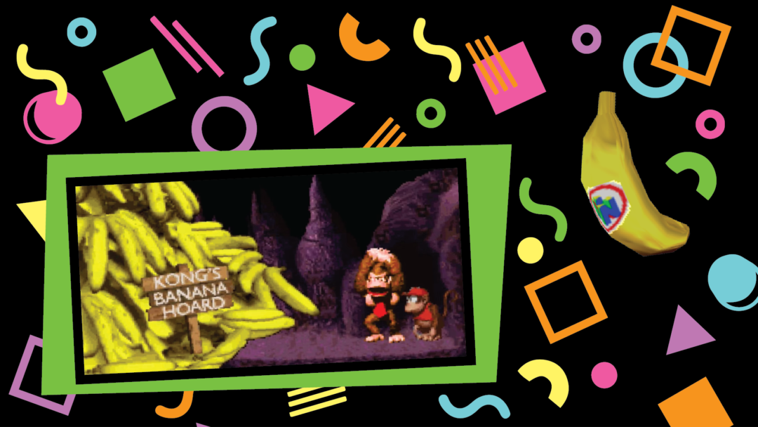 A scene from the video game Donkey Kong Country and the bananas within it.