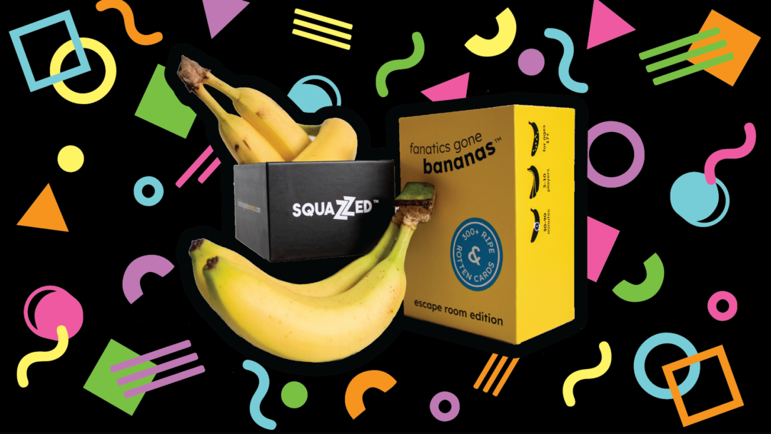 Colorful shapes surround a box of Fanatics Gone Bananas.
