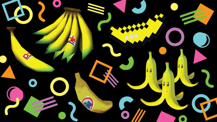 Famous video game fruits amidst colorful shapes.
