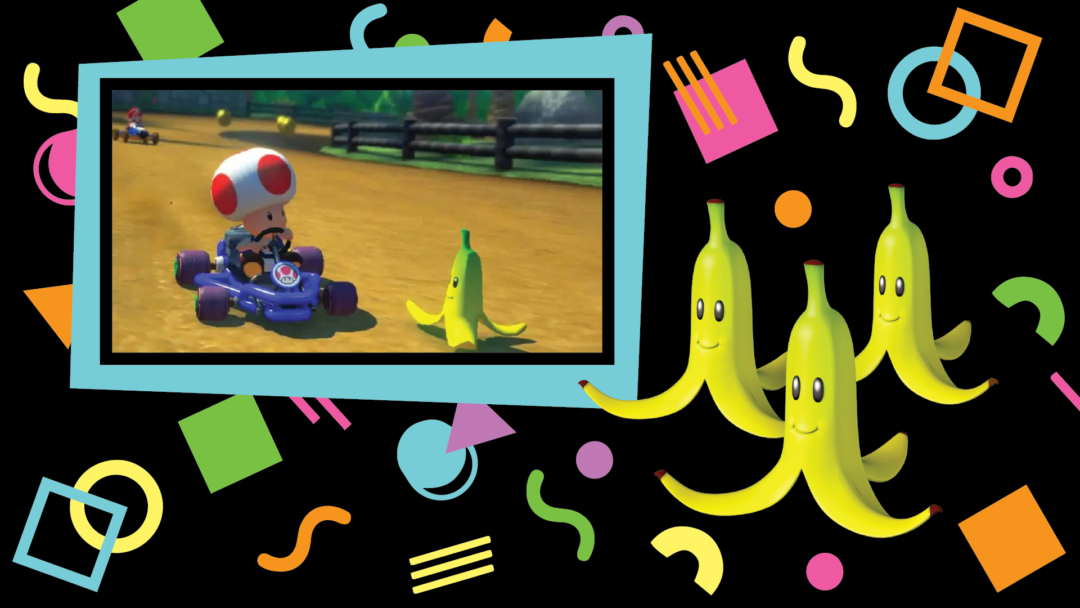 A scene from the video game Mario Kart and the bananas within it.