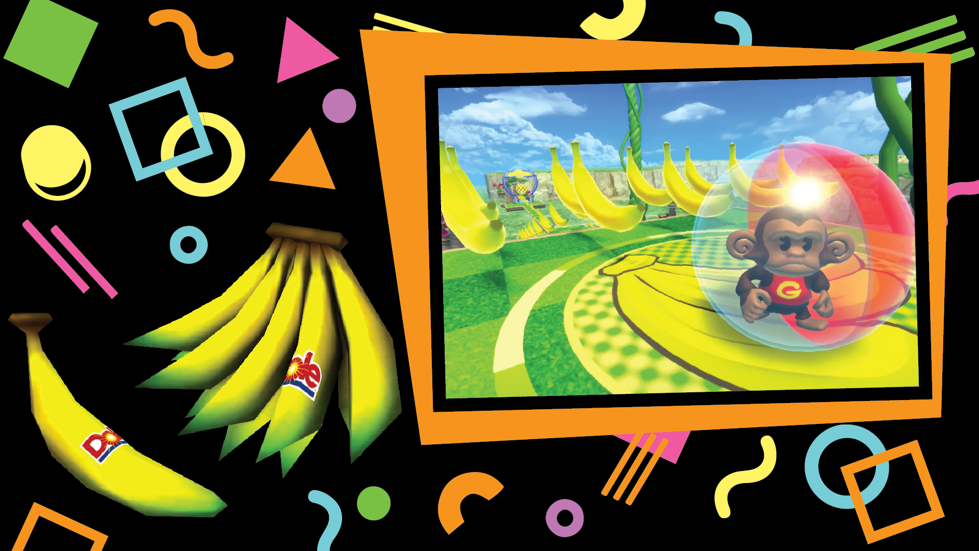 A scene from the video game Super Monkey Ball and the bananas within it.