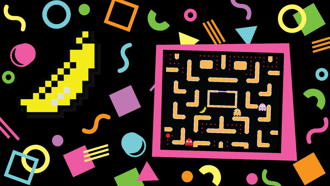 A scene from the video game Pac-Man and the bananas within it.