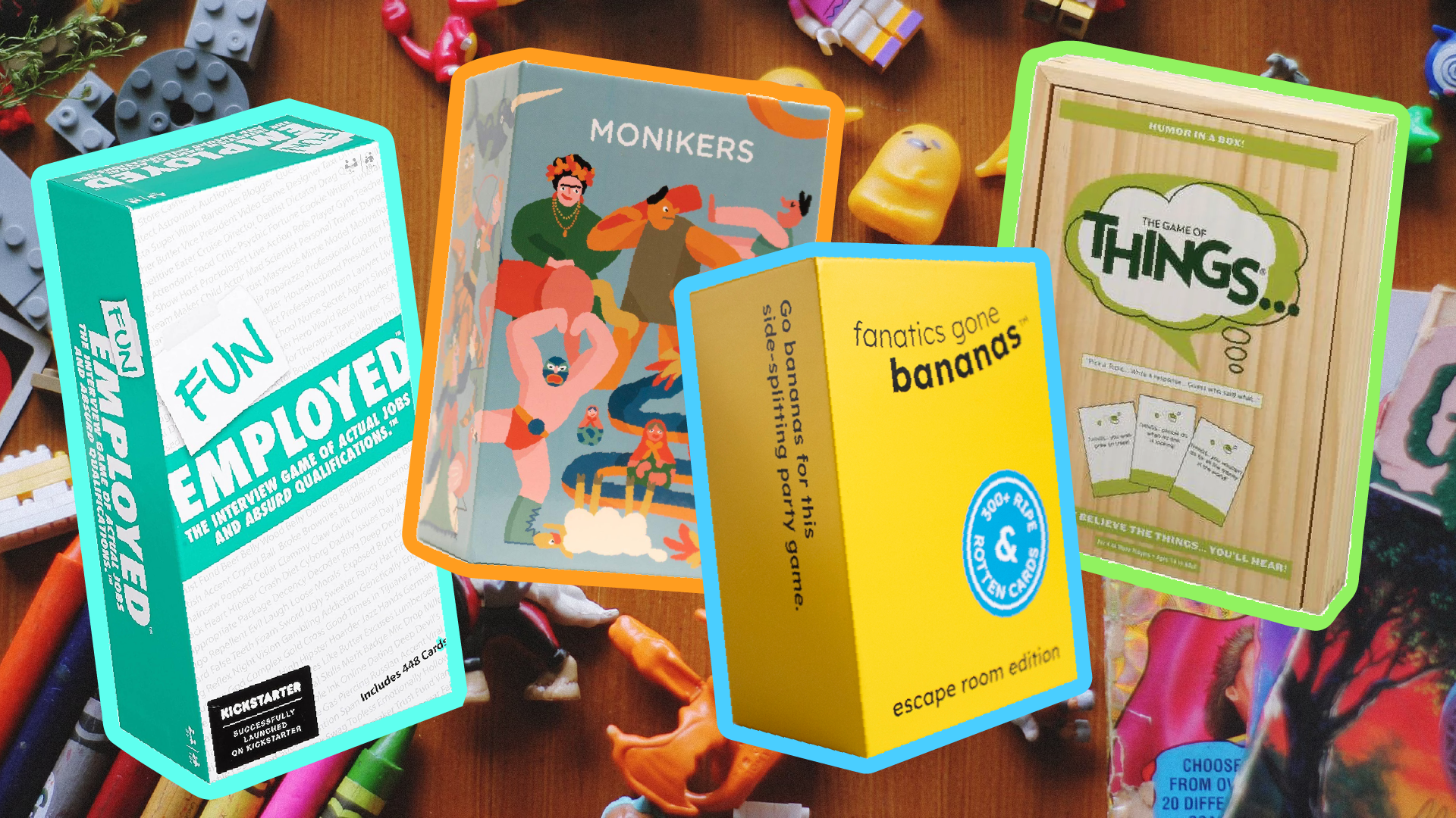 A selection of games with a colorful backdrop of toys.