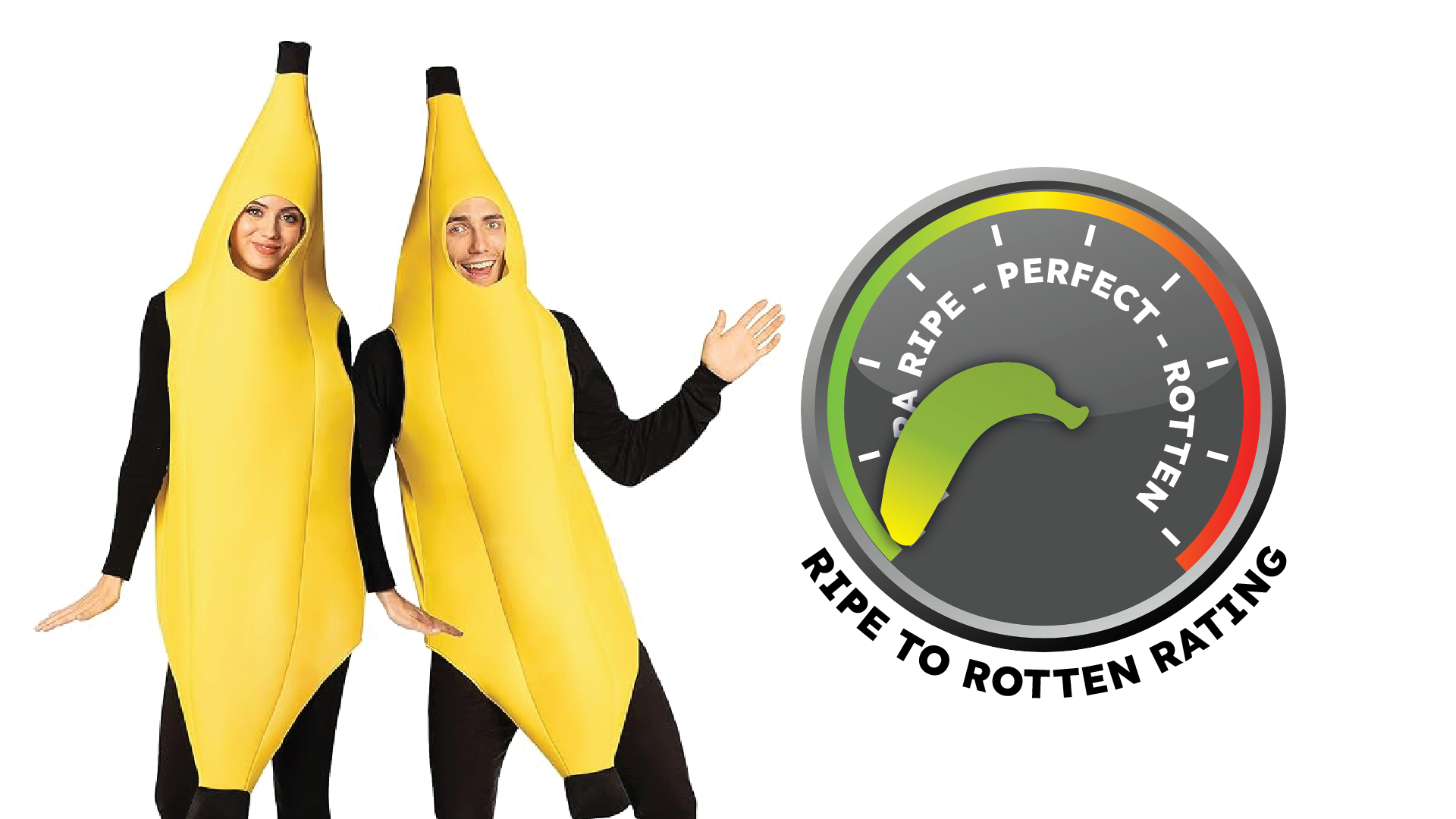 A couple wear matching banana costumes.