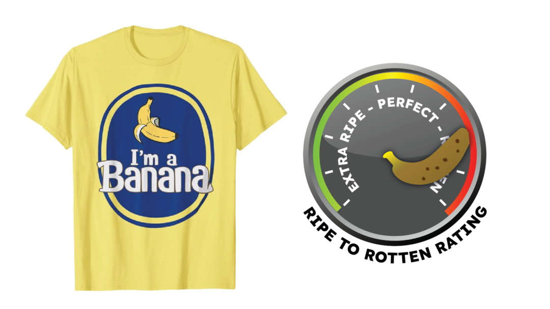 A yellow shirt with a banana sticker design.