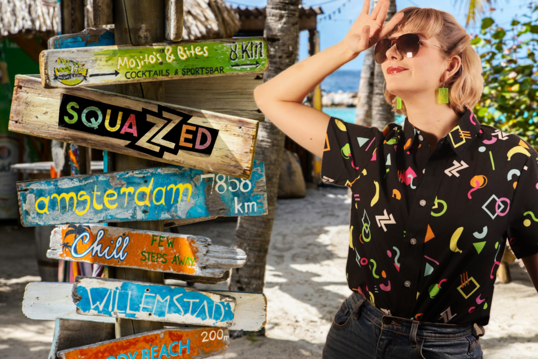 A lady catches some rays and looks rad in a Squazzed Hawaiian shirt.