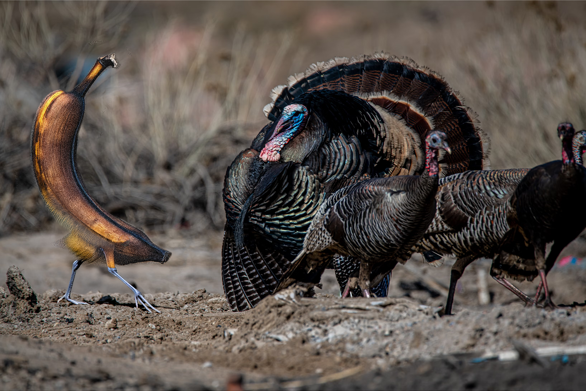 A turkey looks on curiously at an imposter.